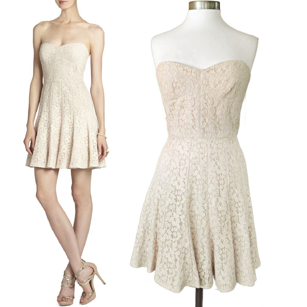 BCBGMazAzria Lisanne Strapless Lace Bustier Fit & Flare Mini Dress Size 10 Beige